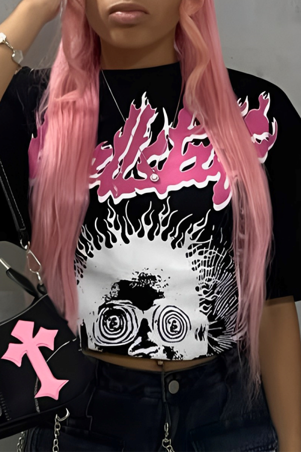 Casual Street Letter Print Contrast O Neck T-Shirts