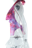 Sexy Print Patchwork Backless Strap Design Halter T-Shirts