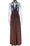 Street Solid Color Patchwork Backless High Slit Ruched Deep V Neck Long Dresses
