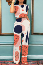 Casual Street Geometric Print Pocket Contrast O Neck Short Sleeve Two Pieces
