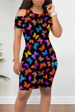 Casual Butterfly Print Contrast O Neck Printed Dresses