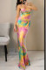 Celebrities Print Patchwork Backless Strap Design Spaghetti Strap Sling Dresses