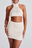 Sexy Casual Solid Color Backless Belted Halter Sleeveless Two Pieces