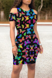 Casual Butterfly Print Contrast O Neck Printed Dresses