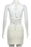 Sexy Casual Solid Color Backless Belted Halter Sleeveless Two Pieces
