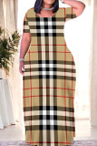Casual Daily Plaid Contrast O Neck Printed Plus Size Dresses