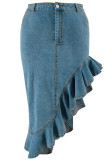 Casual Solid Color Buttons Patchwork Zipper Ruffled Trim Wrapped Skirt Plus Size Jeans