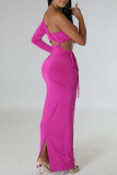 Sexy Solid Color Sequins Patchwork Backless Oblique Collar Long Dresses