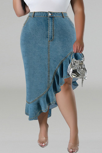 Casual Solid Color Buttons Patchwork Zipper Ruffled Trim Wrapped Skirt Plus Size Jeans