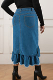 Casual Solid Color Buttons Patchwork Zipper Ruffled Trim Straight Plus Size Jeans