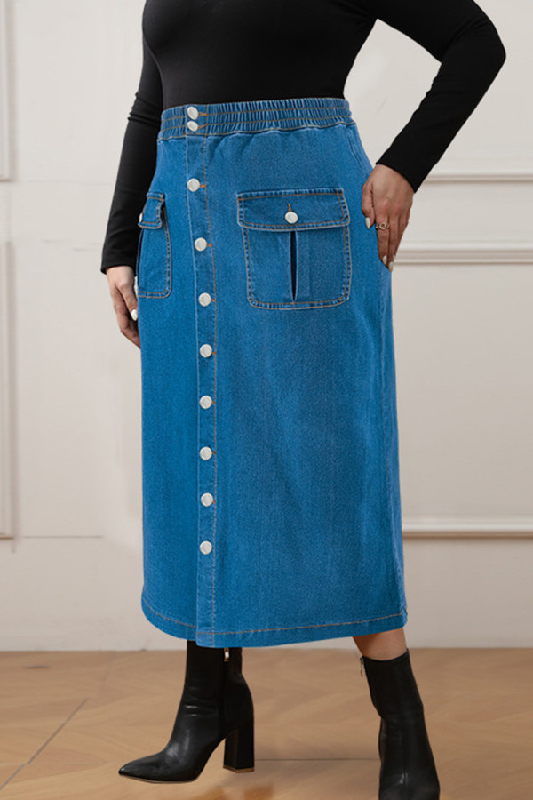 Casual Solid Color Pocket Buckle Patchwork Straight Plus Size Jeans