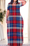 Casual Daily Plaid Contrast O Neck Printed Plus Size Dresses