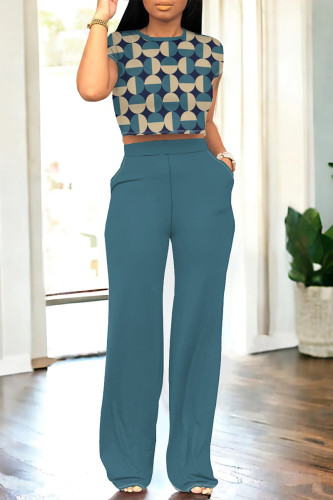 Casual Street Geometric Print Pocket Contrast O Neck Short Sleeve Two Pieces