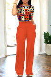 Casual Street Geometric Print Pocket Contrast O Neck Short Sleeve Two Pieces