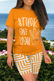 Casual Daily Geometric Print Letter Print Contrast O Neck Short Sleeve Two Pieces