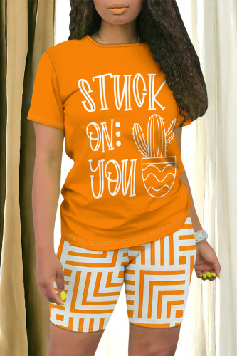 Casual Daily Geometric Print Letter Print Contrast O Neck Short Sleeve Two Pieces