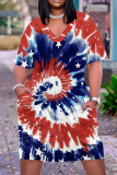 Casual Street Tie Dye Print Pocket Contrast V Neck Printed Plus Size Dresses