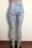 Street Print Pocket Buttons Patchwork Zipper High Waist Skinny Denim Jeans
