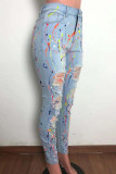 Street Print Pocket Buttons Patchwork Zipper High Waist Skinny Denim Jeans