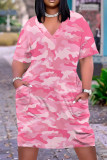 Casual Camouflage Print Pocket Contrast V Neck Printed Plus Size Dresses