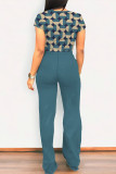 Casual Street Geometric Print Pocket Contrast O Neck Short Sleeve Two Pieces