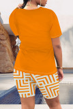 Casual Daily Geometric Print Letter Print Contrast O Neck Short Sleeve Two Pieces