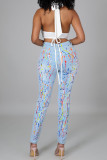 Street Print Pocket Buttons Patchwork Zipper High Waist Skinny Denim Jeans