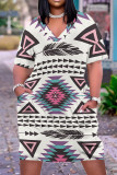 Casual Print Pocket Patchwork V Neck Straight Plus Size Dresses