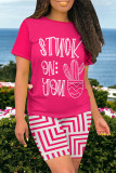 Casual Daily Geometric Print Letter Print Contrast O Neck Short Sleeve Two Pieces
