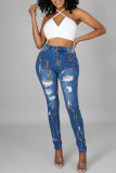 Street Print Pocket Buttons Patchwork Zipper High Waist Skinny Denim Jeans