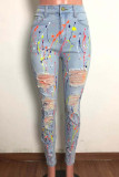 Street Print Pocket Buttons Patchwork Zipper High Waist Skinny Denim Jeans