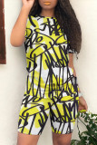 Casual Street Graffiti Print Contrast O Neck Short Sleeve Two Pieces
