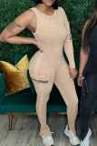 Casual Solid Color Pocket Patchwork Slit Zipper O Neck Skinny Jumpsuits