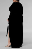 Sexy Daily Solid Color Lace Up Slit V Neck Long Sleeve Plus Size Dresses