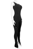 Casual Solid Color Pocket Patchwork Slit Zipper O Neck Skinny Jumpsuits