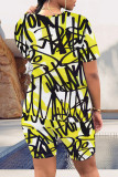 Casual Street Graffiti Print Contrast O Neck Short Sleeve Two Pieces