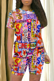 Casual Street Graffiti Print Contrast O Neck Short Sleeve Two Pieces