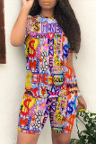 Casual Street Graffiti Print Contrast O Neck Short Sleeve Two Pieces