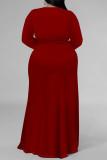 Sexy Daily Solid Color Lace Up Slit V Neck Long Sleeve Plus Size Dresses