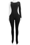 Casual Solid Color Pocket Patchwork Slit Zipper O Neck Skinny Jumpsuits