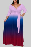 Casual Gradient Color Patchwork Strap Design V Neck Long Plus Size Dresses
