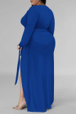 Sexy Daily Solid Color Lace Up Slit V Neck Long Sleeve Plus Size Dresses