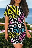 Casual Street Graffiti Print Contrast O Neck Short Sleeve Two Pieces