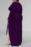 Sexy Daily Solid Color Lace Up Slit V Neck Long Sleeve Plus Size Dresses