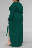 Sexy Daily Solid Color Lace Up Slit V Neck Long Sleeve Plus Size Dresses