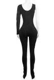 Casual Solid Color Pocket Patchwork Slit Zipper O Neck Skinny Jumpsuits