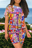 Casual Street Graffiti Print Contrast O Neck Short Sleeve Two Pieces