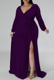 Sexy Daily Solid Color Lace Up Slit V Neck Long Sleeve Plus Size Dresses