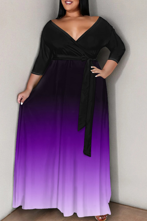 Casual Gradient Color Patchwork Strap Design V Neck Long Plus Size Dresses