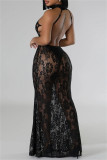 Sexy Solid Color See-Through Backless Halter Long Dresses